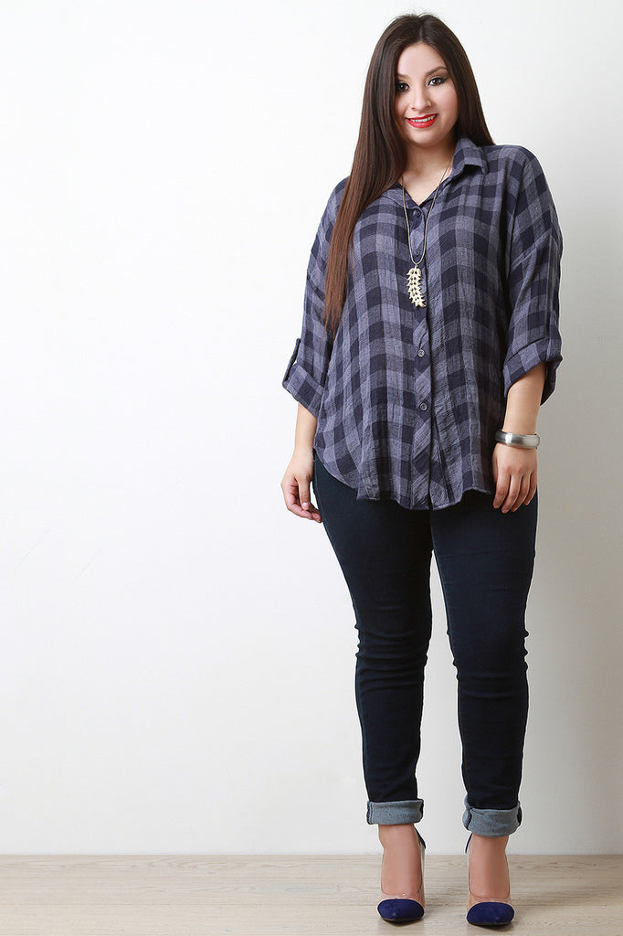 Plaid Pattern Quarter Sleeves Button Up Shirt Top