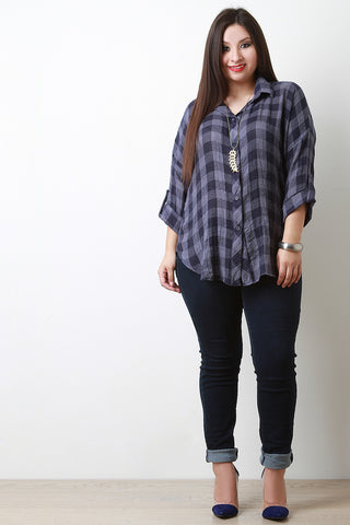 Plaid Pattern Quarter Sleeves Button Up Shirt Top