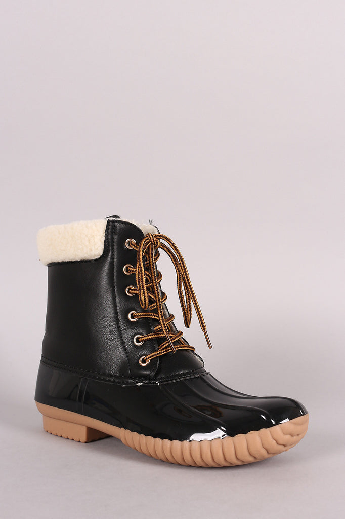 Faux Shearling Cuff Lace Up Duck Ankle Boots