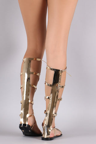 Qupid Metallic Jelly Strappy Lace Up Gladiator Flat Sandal