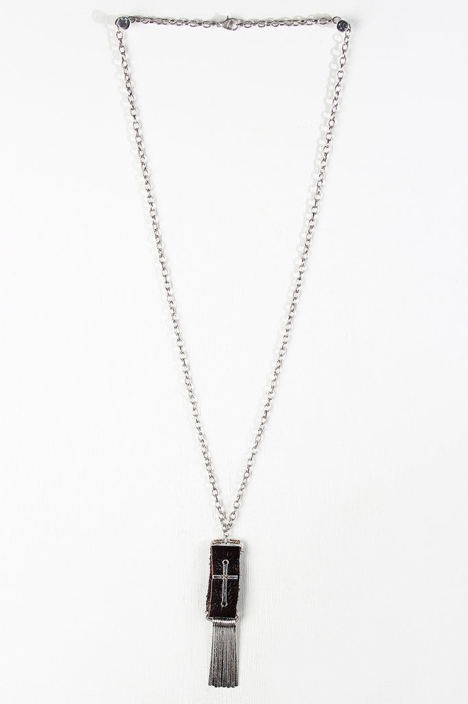 Leather And Cross Pendant Necklace