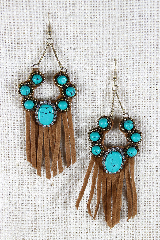 Turquoise Studded Fringe Suede Earrings