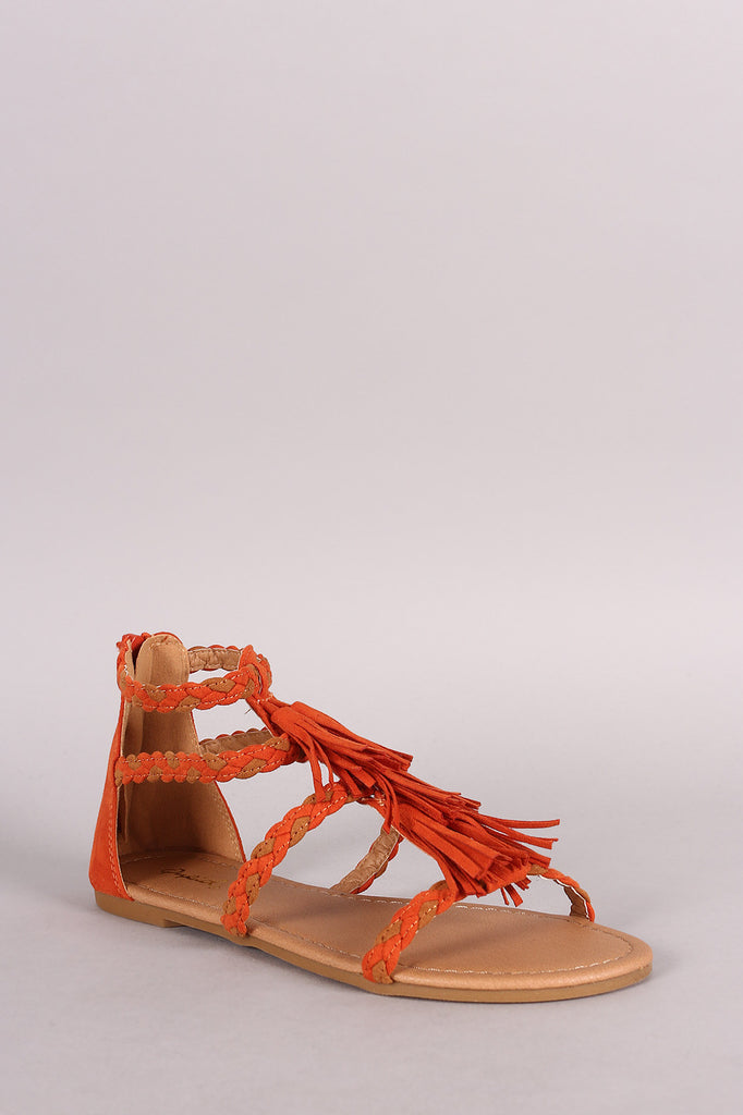 Qupid Tassel Strappy Braids Gladiator Flat Sandal