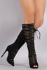 Suede Peep Toe Strappy Caged Stiletto Boots