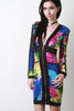 Floral Abstract Print Zipper Front Bodycon Dress