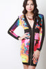Floral Abstract Print Zipper Front Bodycon Dress