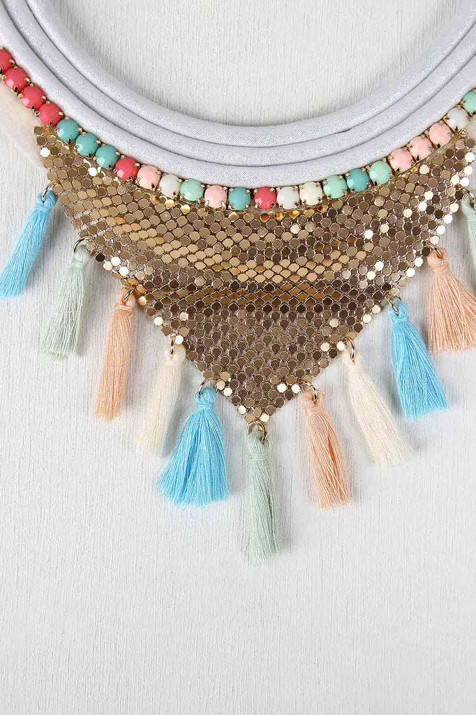 Shimmer Cord Tassel Bib Necklace