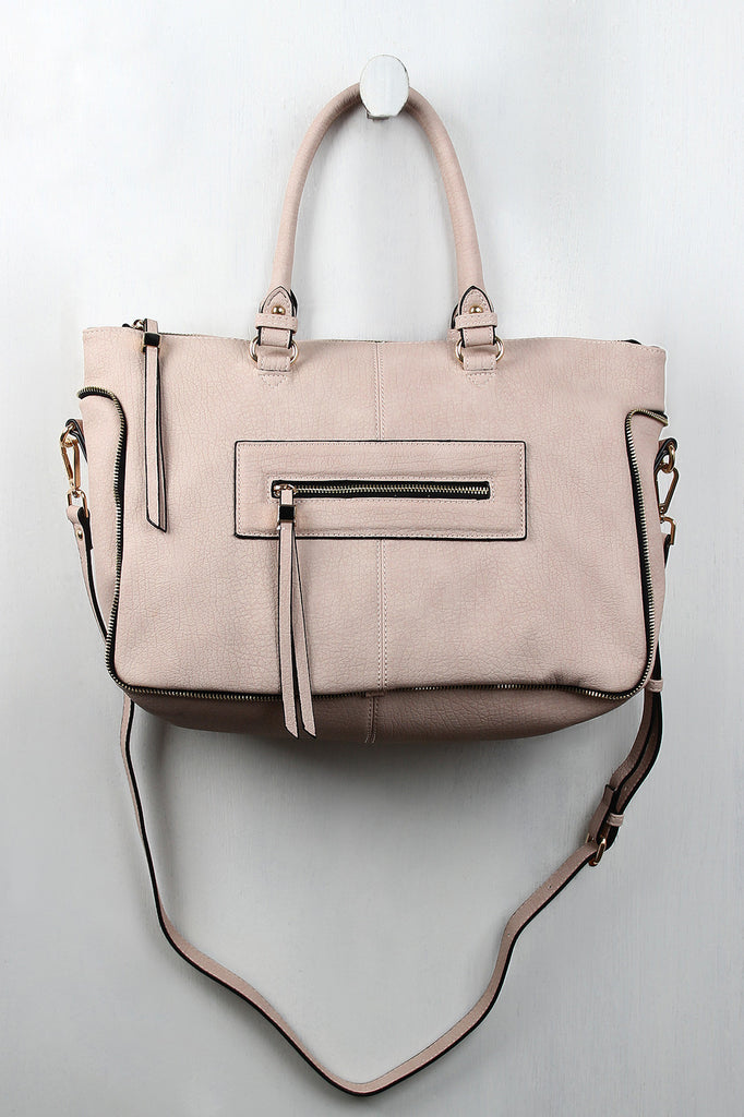 Textured Vegan Leather Zipper Trim Satchel Bag