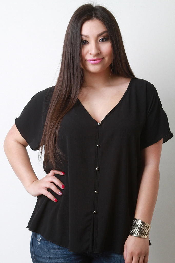 Textured Chiffon Button Front Cold Shoulder Top