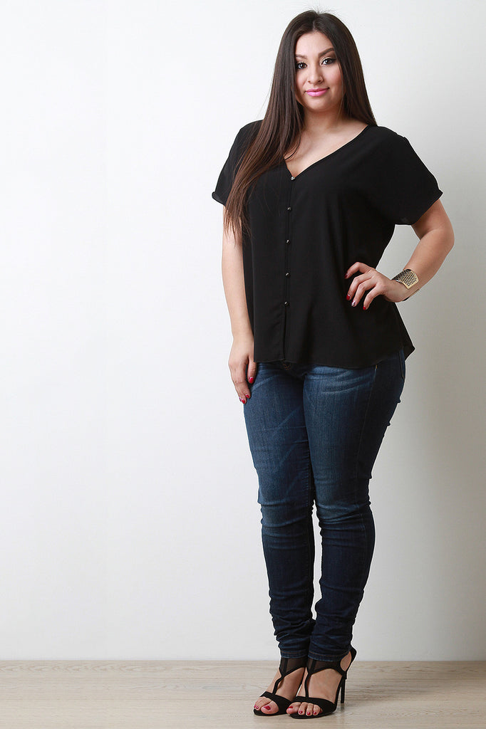 Textured Chiffon Button Front Cold Shoulder Top