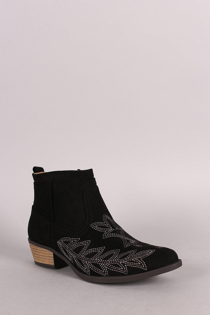 Qupid Suede Embroidered Western Ankle Boots