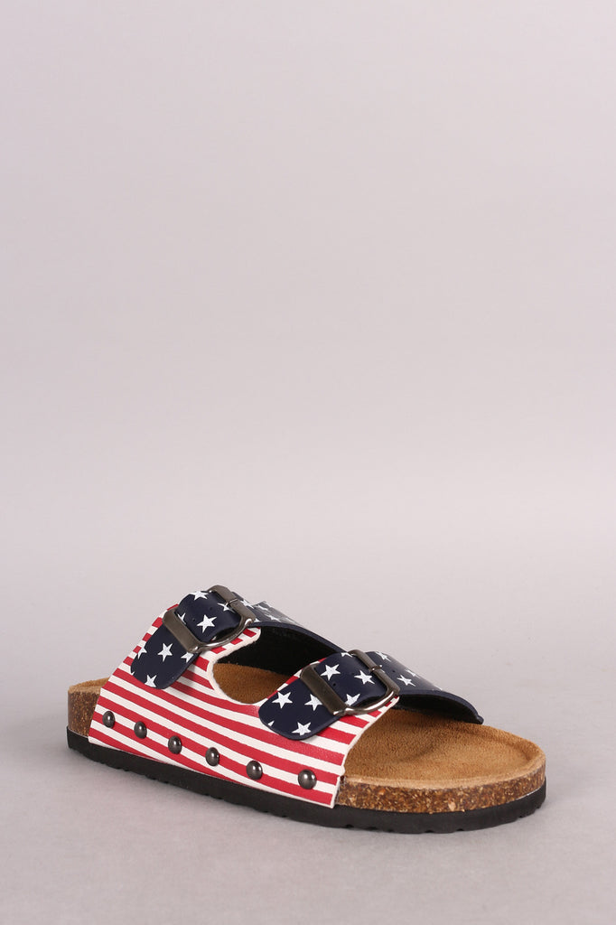 Flag Print Double Buckle Open Toe Footbed Sandal