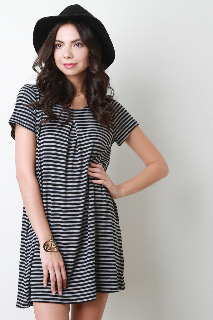 Stripe Short Sleeves Pleat Front Flare Dress