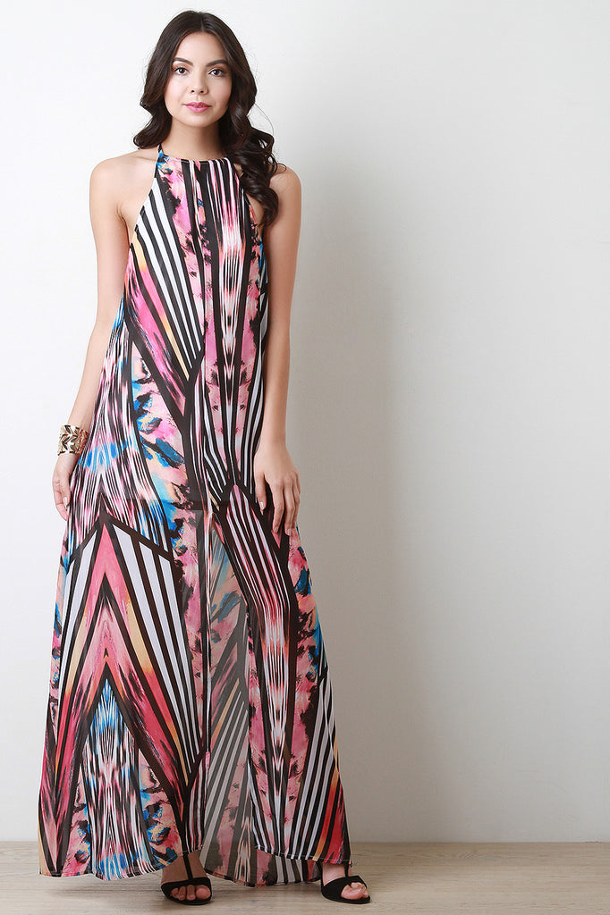 Mix Media Sleeveless Deep Front Slit Maxi Dress