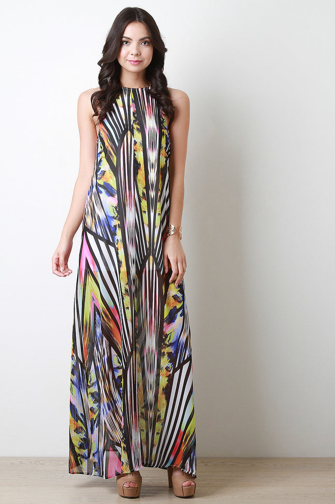 Mix Media Sleeveless Deep Front Slit Maxi Dress