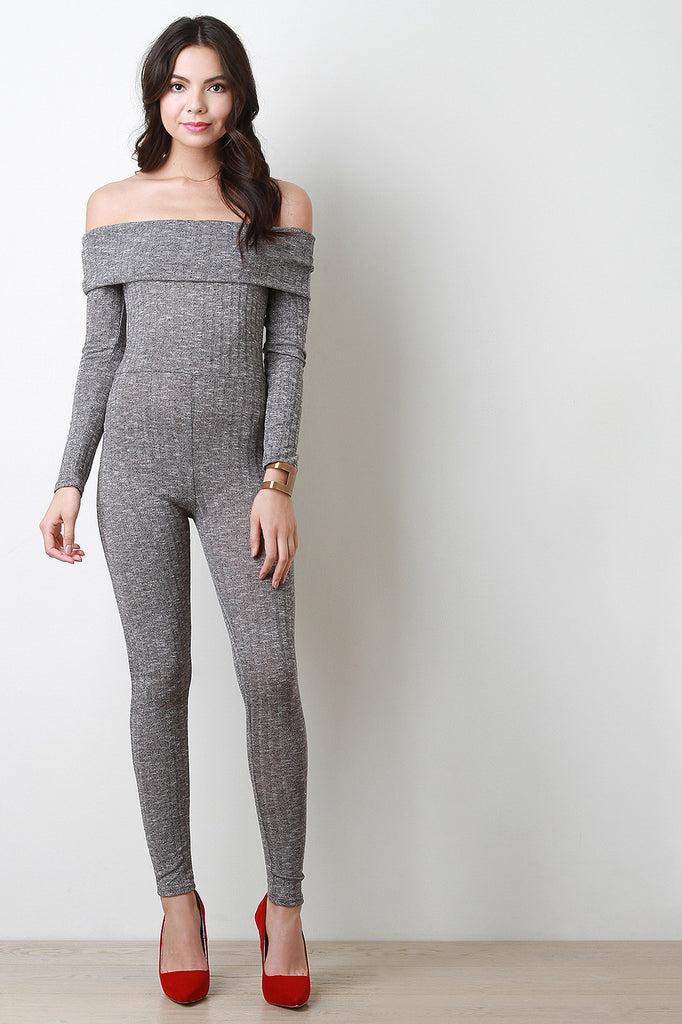 Off The Shoulder Ribbed Knit Jumpsuit