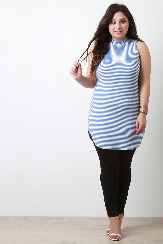 Striped Mock Neck Sleeveless Tunic Dress