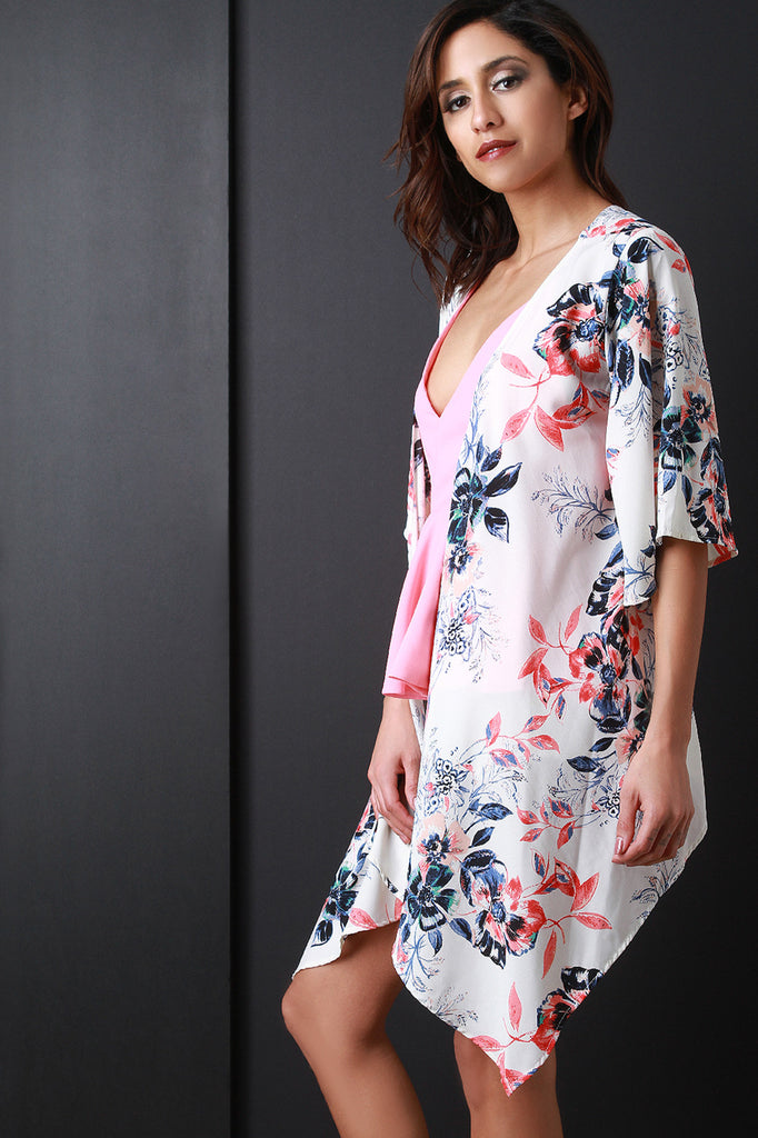 Floral Handkerchief Hem Wide Sleeve Kimono