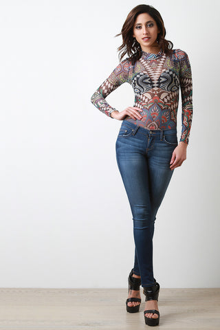 Semi-Sheer Mixed Pattern Mock Neck Bodysuit