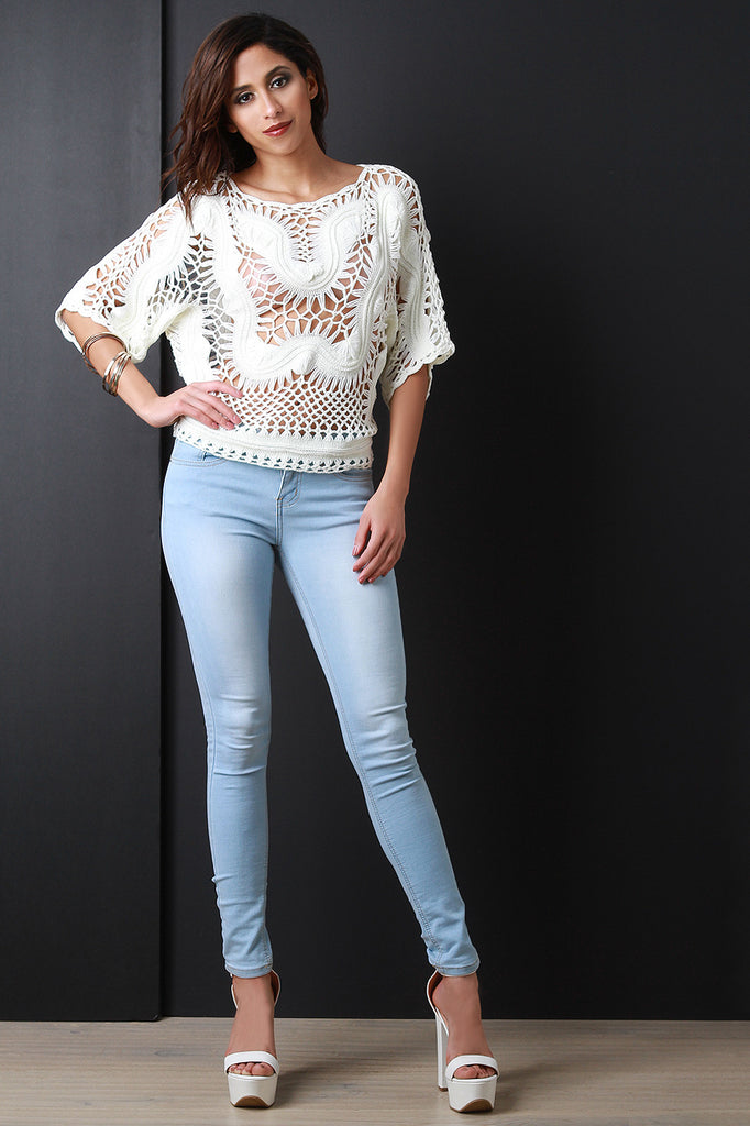 Open-Crochet Knit Quarter Sleeves Sweater Top