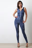 Denim Print Hooded Zip-Up Sleeveless Jumpsuit