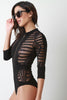 Semi-Sheer Mesh Zip-Up Long Sleeve Bodysuit