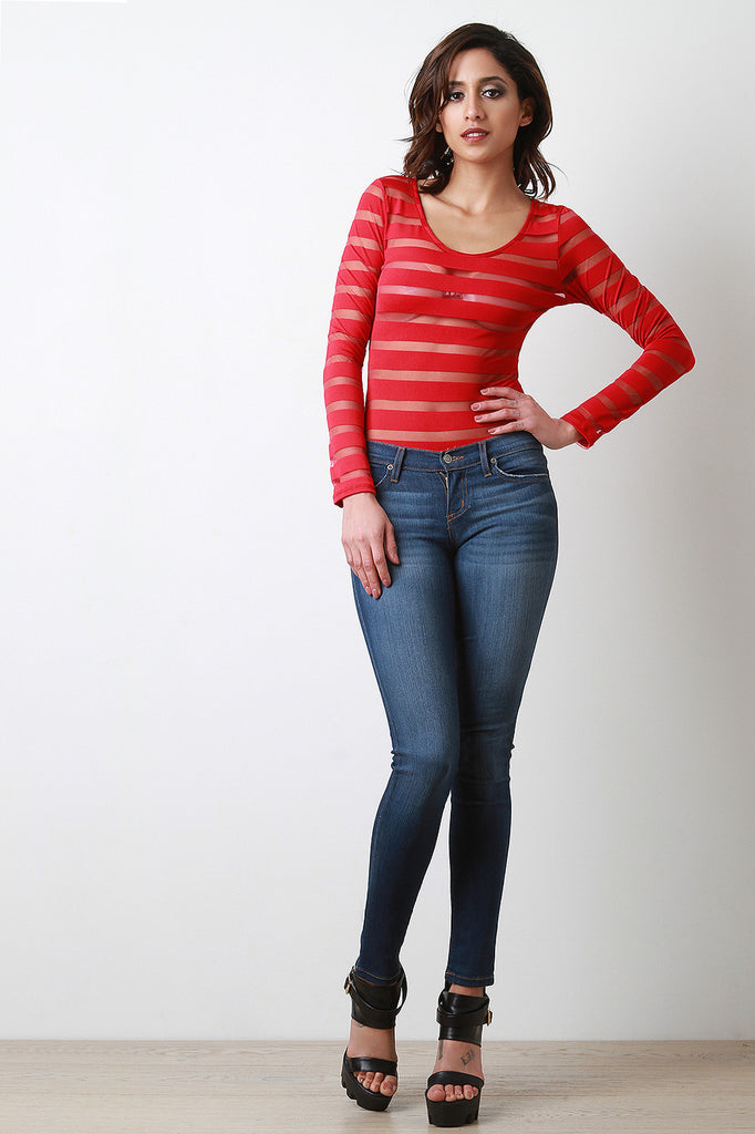 Long Sleeve Semi-Sheer Stripe Bodysuit