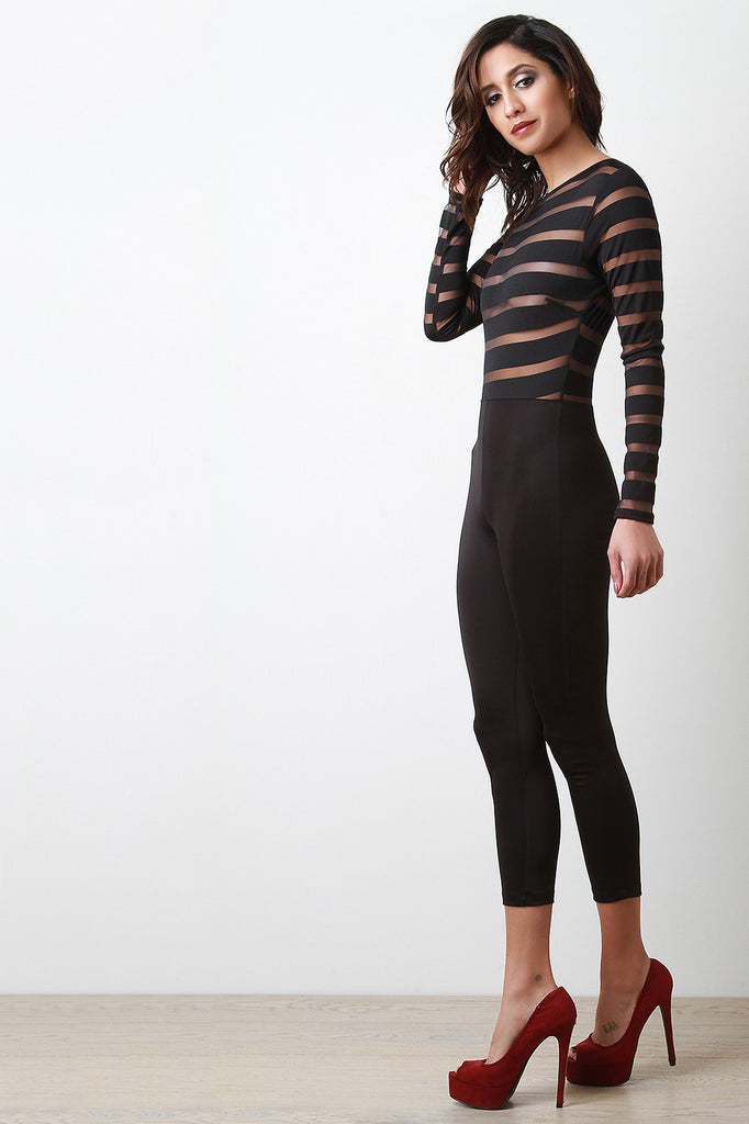 Semi-Sheer Stripe Design Jumpsuit