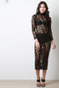 Semi-Sheer Patterned Mesh Keyhole Midi Dress