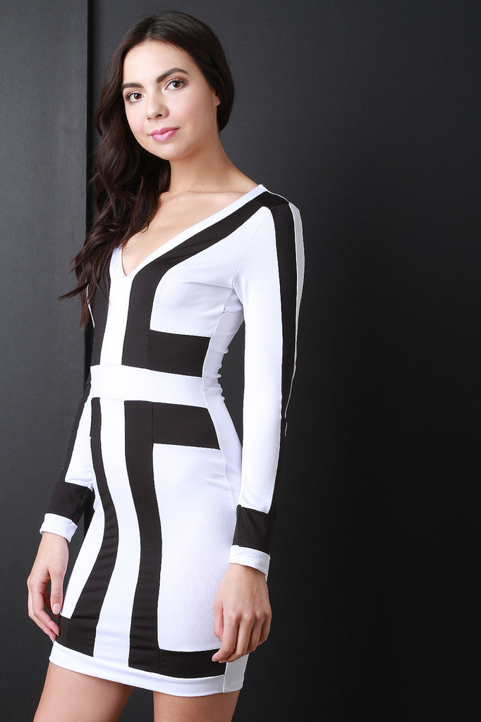 Long Sleeve Colorblock Bodycon Dress