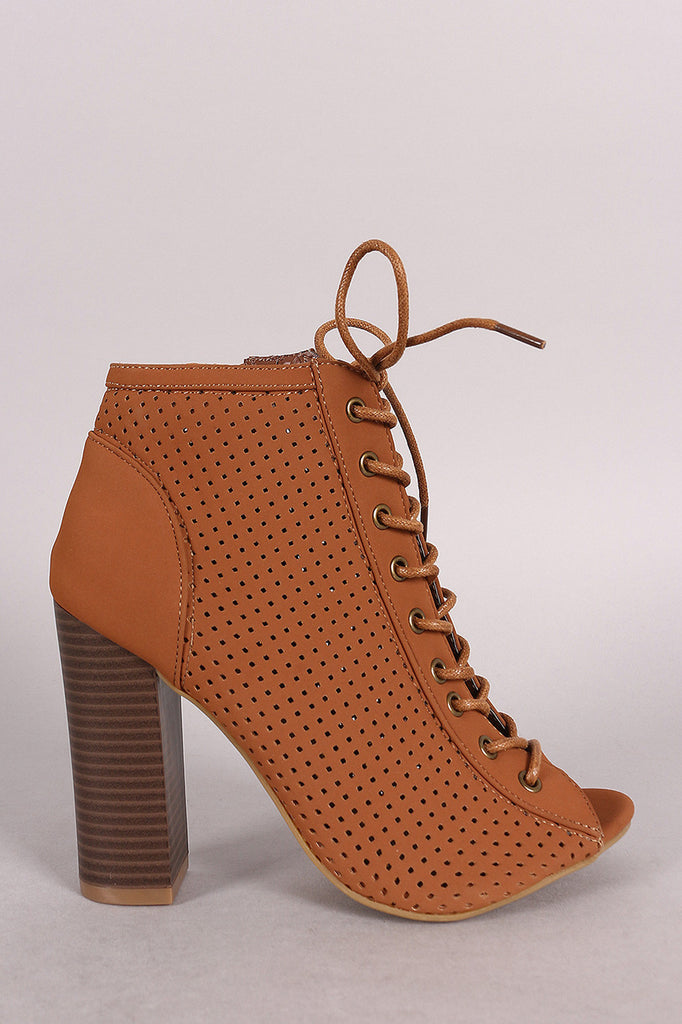 Bamboo Perforated Lace Up Chunky Heeled Booties