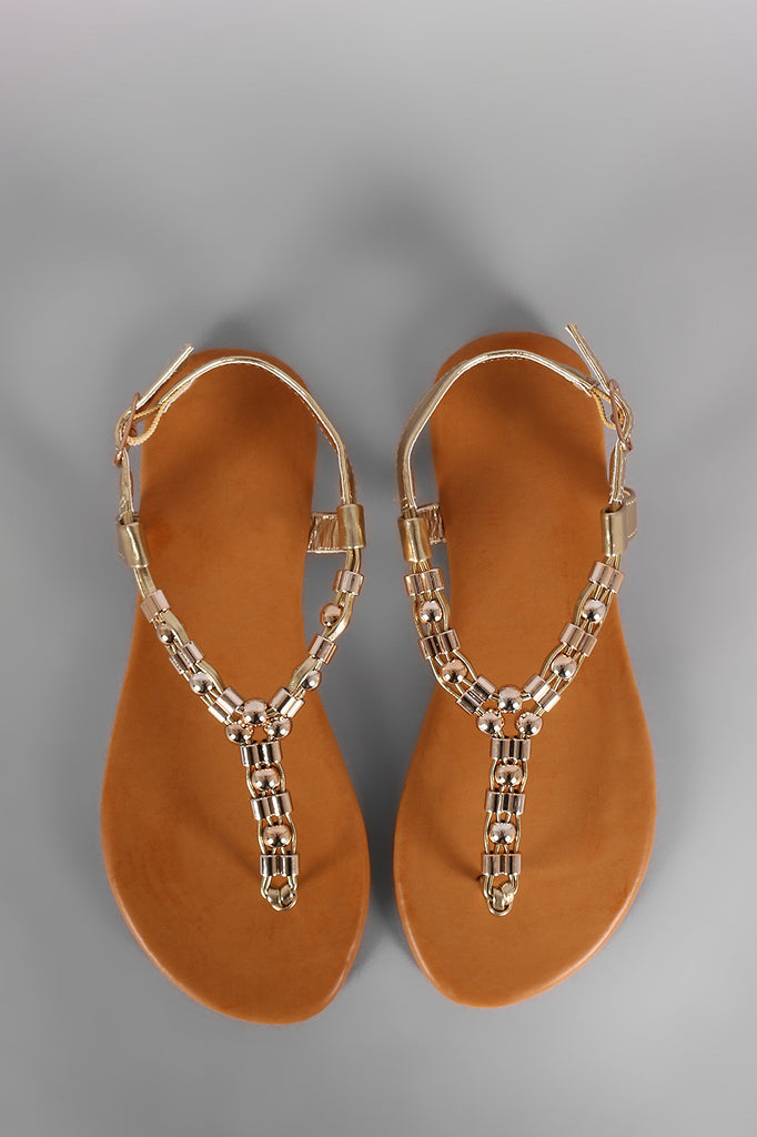 Bamboo Metal Ornament T-Strap Thong Flat Sandal