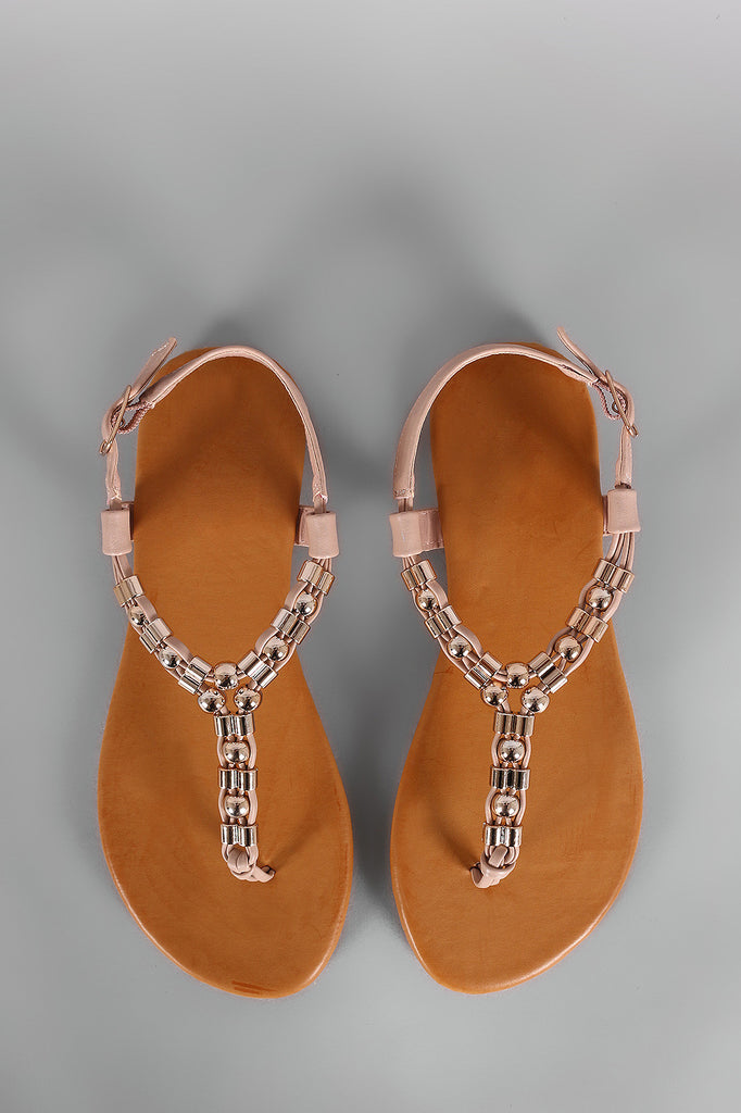 Bamboo Metal Ornament T-Strap Thong Flat Sandal