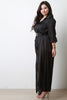 Faux Satin Button Long Sleeve Dress