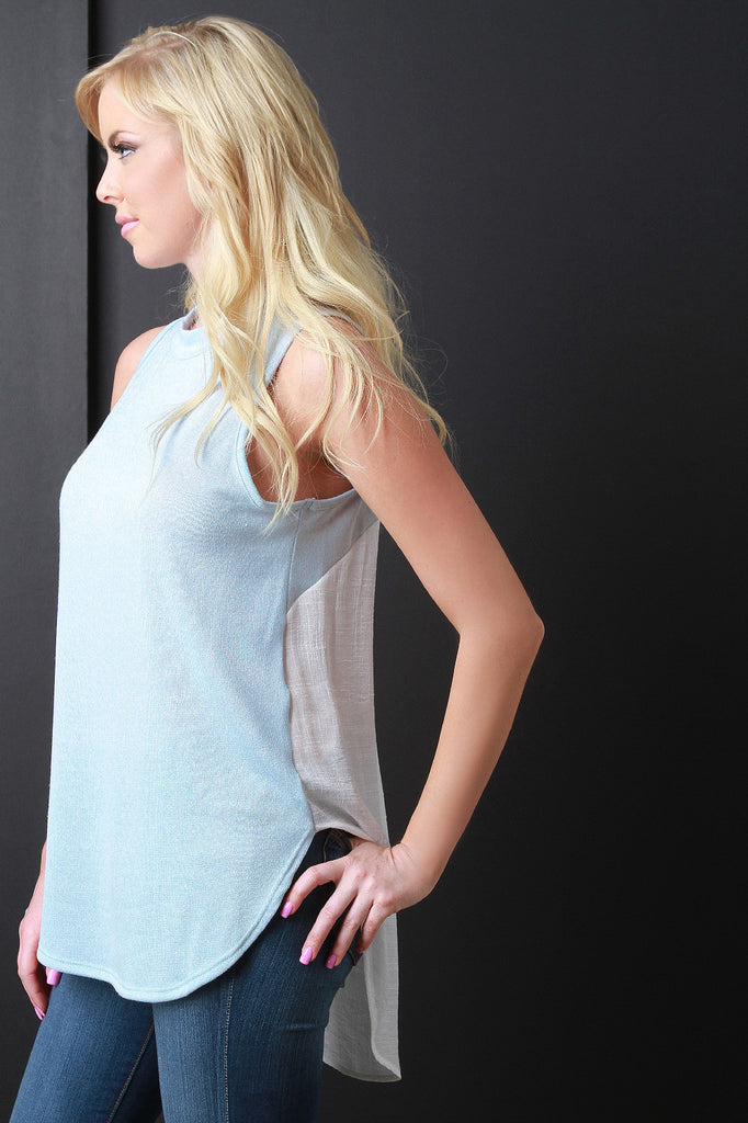 Two Tone High Low Sleeveless Mock Neck Top