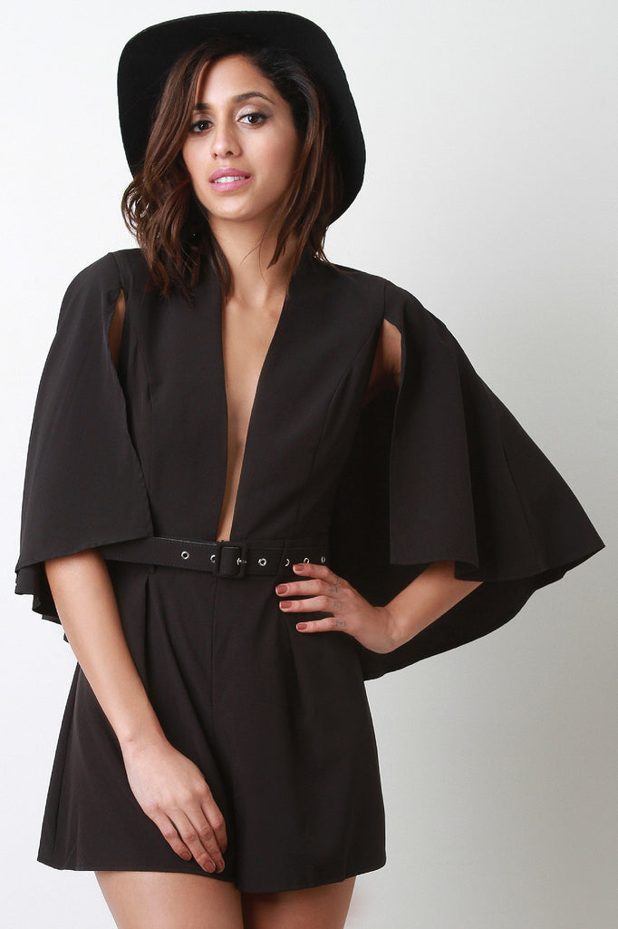 V-Neck Belted Cape Romper