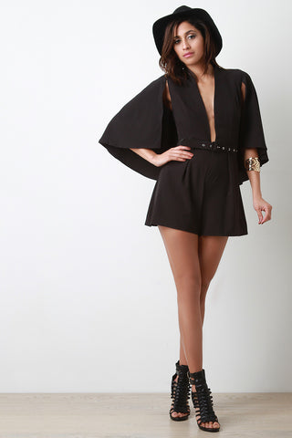 V-Neck Belted Cape Romper