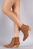 Qupid Suede Pointy Toe Chunky Heeled Booties