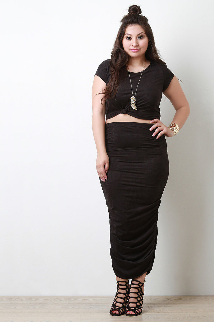 Vegan Suede Ruched Midi Skirt