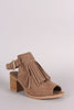 Qupid Suede Fringe Peep Toe Chunky Mule Heel