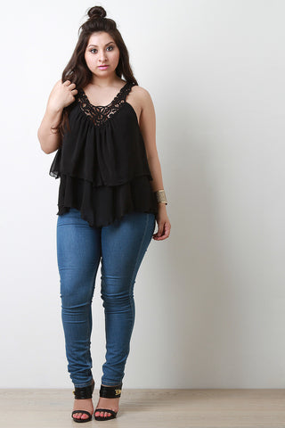 Sleeveless Crochet Trim Tiered Top