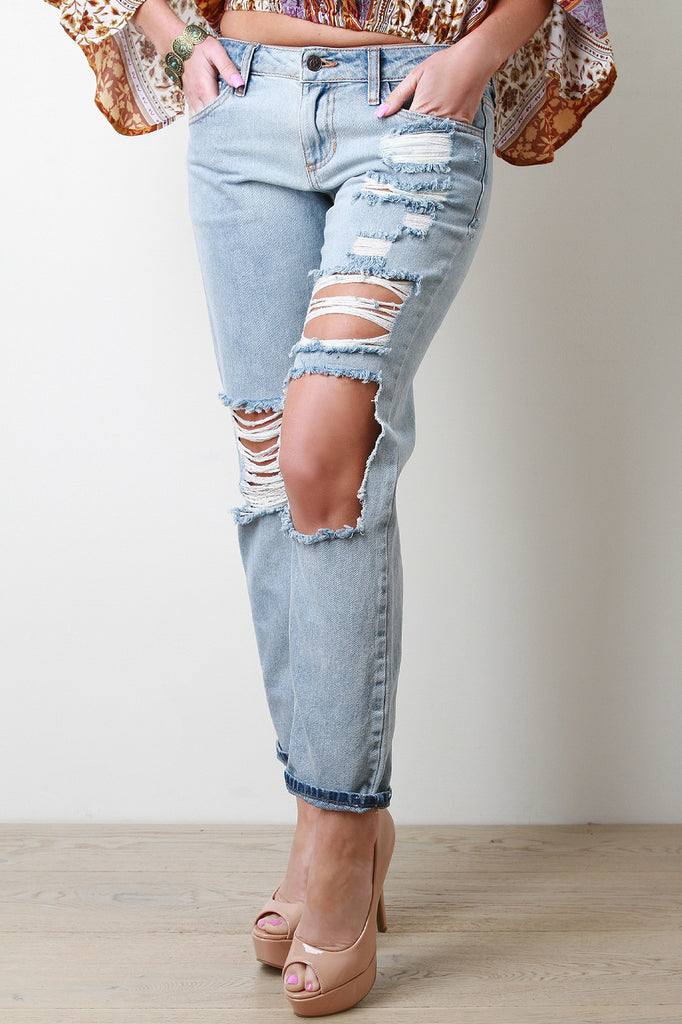 Distressed Denim Low Rise Boyfriend Jeans