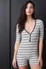V-Neck Metallic Striped Button Up Romper