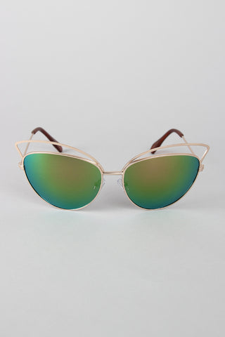 Wire Frame Cat Eye Mirrored Sunglasses