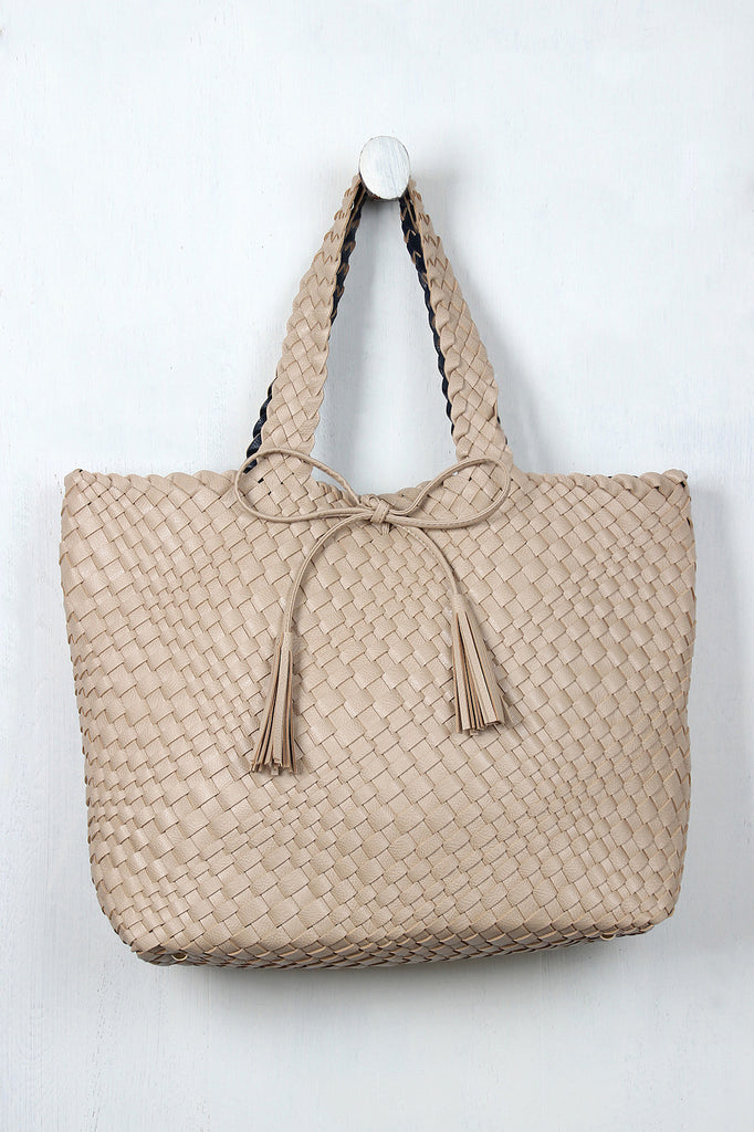 Reversible Woven Tassel Tie Tote Bag