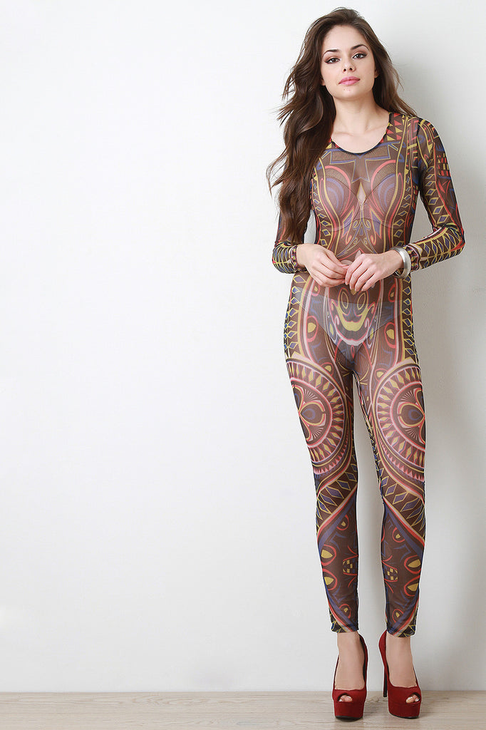 Open Back Mesh Long Sleevwe Tribal Jumpsuit