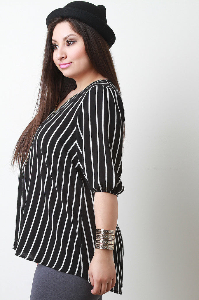 Vertical Stripes Zipper Front Blouse