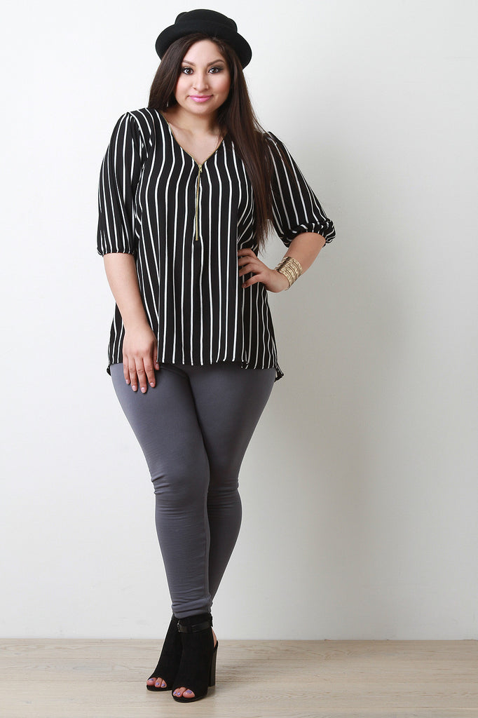 Vertical Stripes Zipper Front Blouse