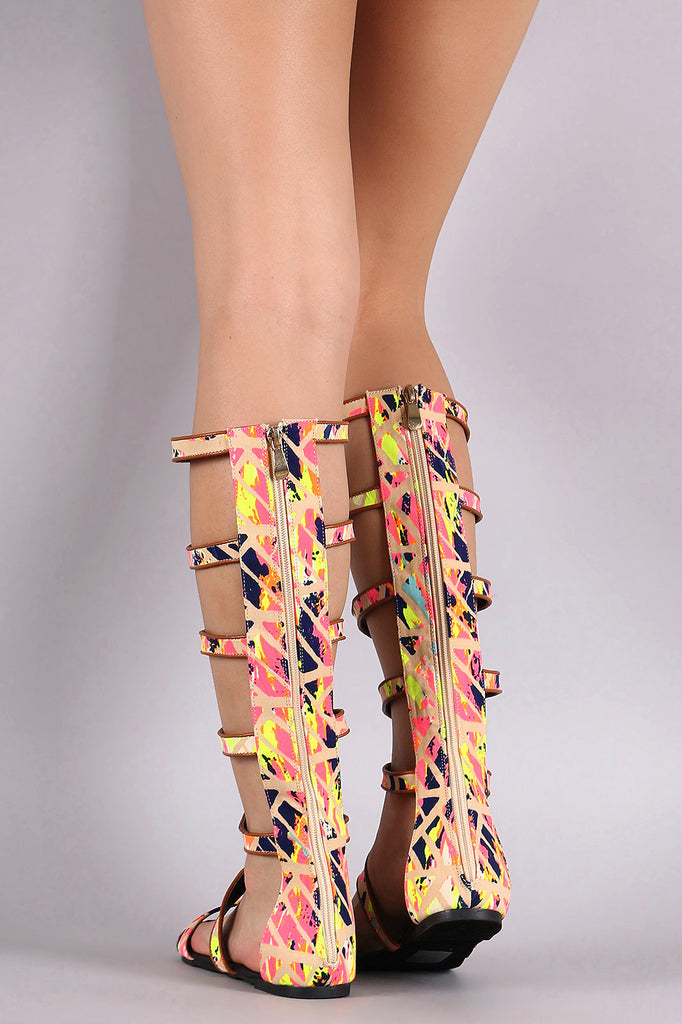 Neon Watercolor Strappy Gladiator Flat Sandal