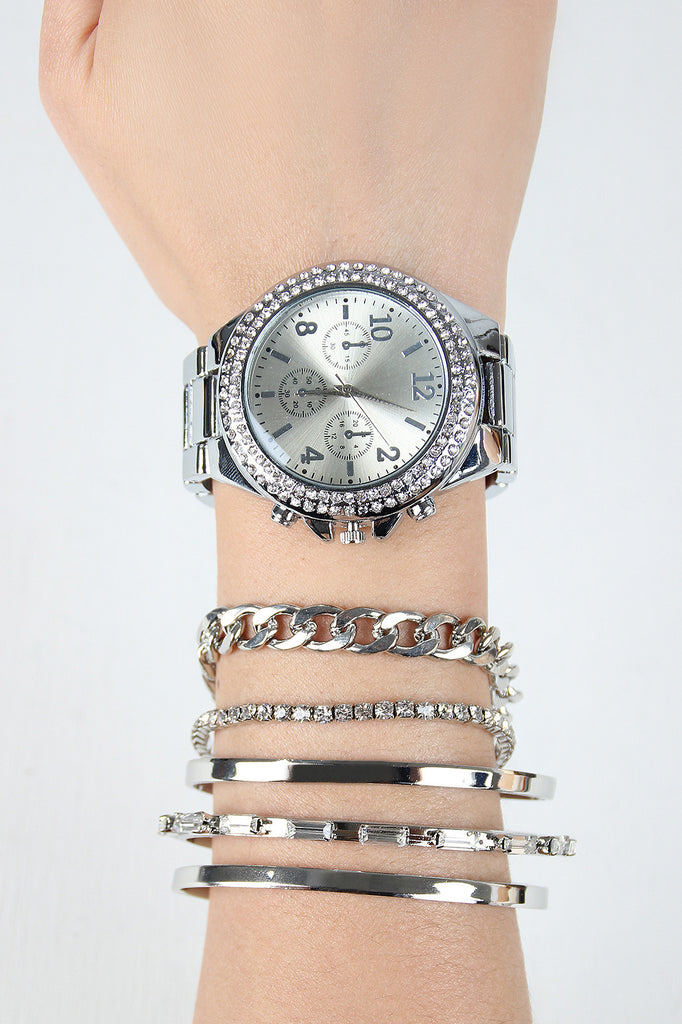 Rhinestone Watch And Cuff Bracelet Set